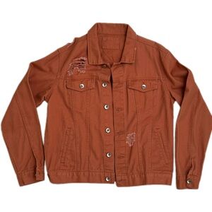 Burnt Orange Distressed Denim Jacket for Men, Size Medium.